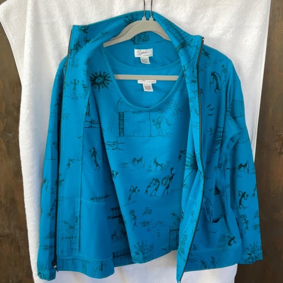 Chico's Blue 2 Piece Jacket & Sleeveless Tank Top with Artistic Design; M/8 - Picture 9 of 14